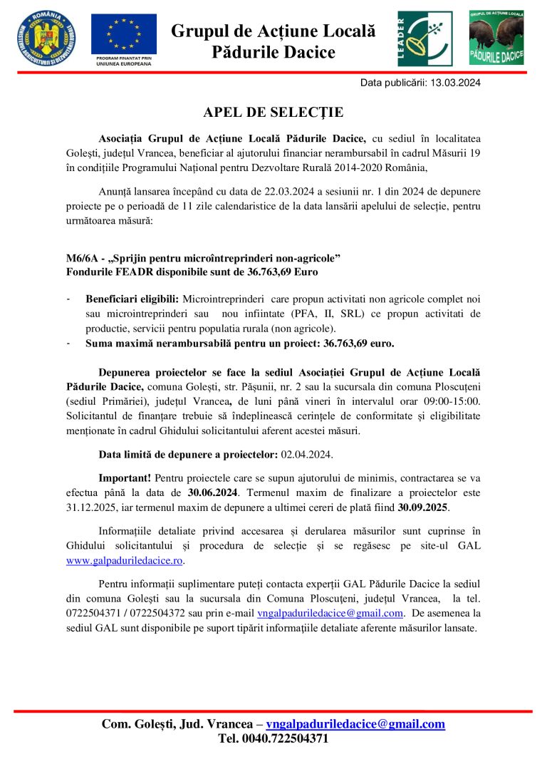Apel de selecție – Asociația Grupul de Acțiune Locală Pădurile Dacice
