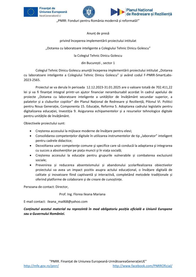 Comunicat de presă Colegiul Tehnic Dinicu Golescu