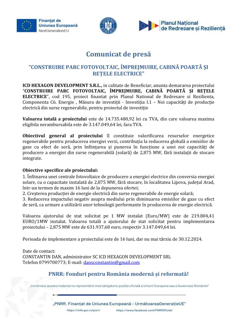 Comunicat de presă ICD HEXAGON DEVELOPMENT S.R.L.
