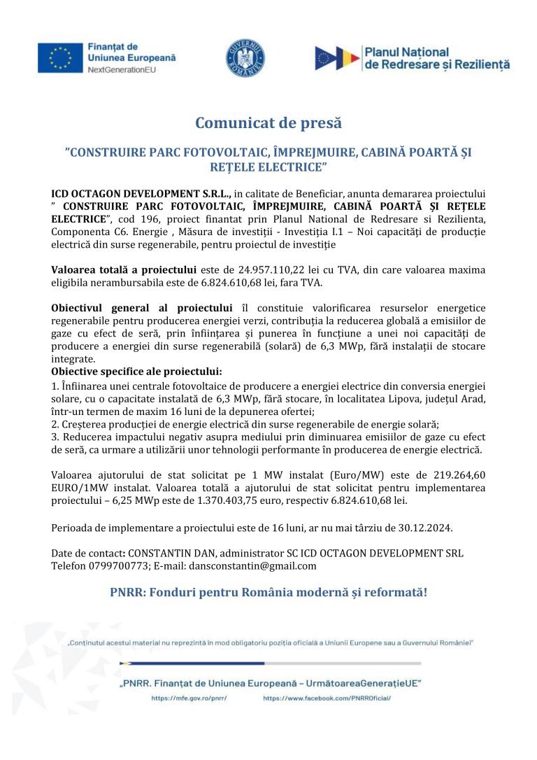 Comunicat de presă ICD OCTAGON DEVELOPMENT S.R.L.
