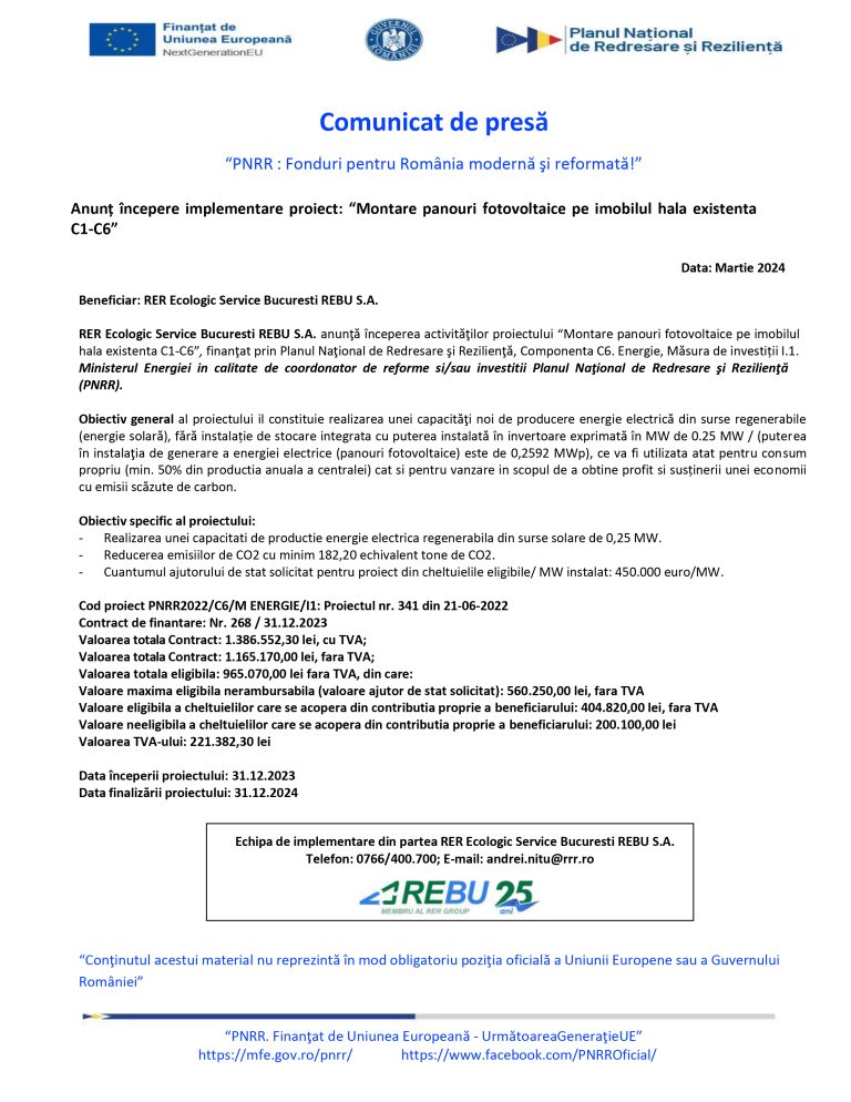 Comunicat de presă RER Ecologic Service Bucuresti REBU S.A.