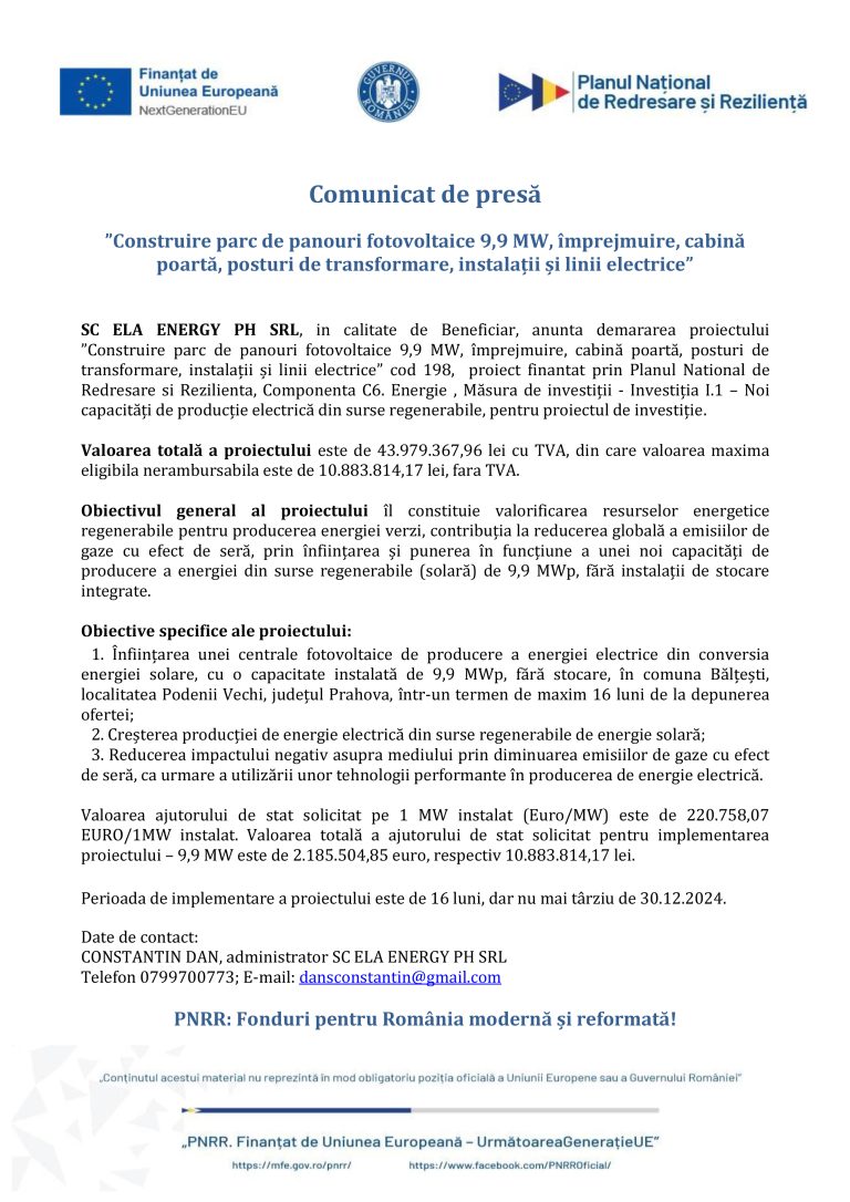 Comunicat de presă SC ELA ENERGY PH SRL
