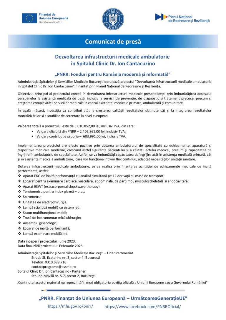 Comunicat de presă Spitalul Clinic Dr. Ion Cantacuzino