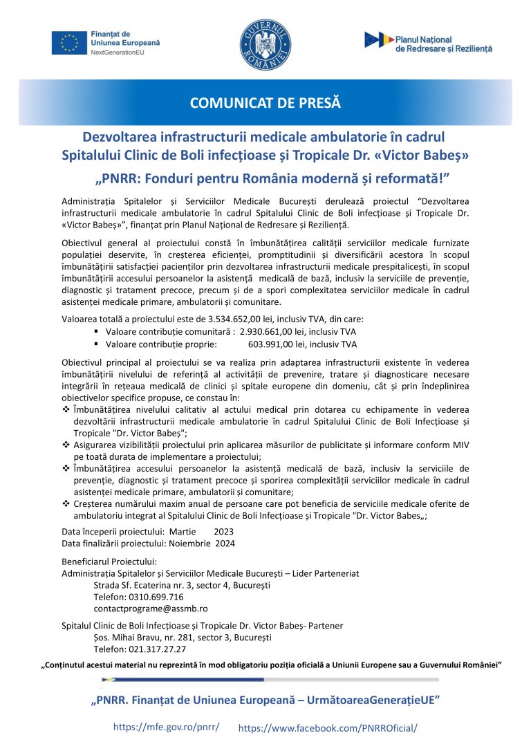 Comunicat de presă Spitalului Clinic de Boli infecțioase și Tropicale Dr.Victor Babeș