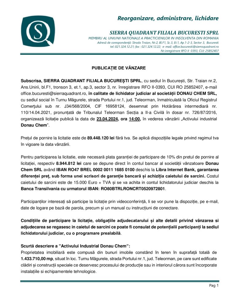 Anunț de presă DONAU CHEM SRL