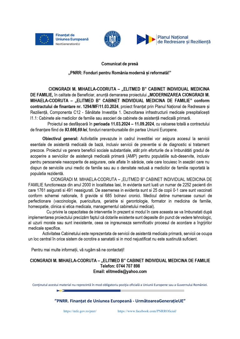 Comunicat de presă CIONGRADI M. MIHAELA-CODRUTA – „ELITMED B” CABINET INDIVIDUAL MEDICINA DE FAMILIE