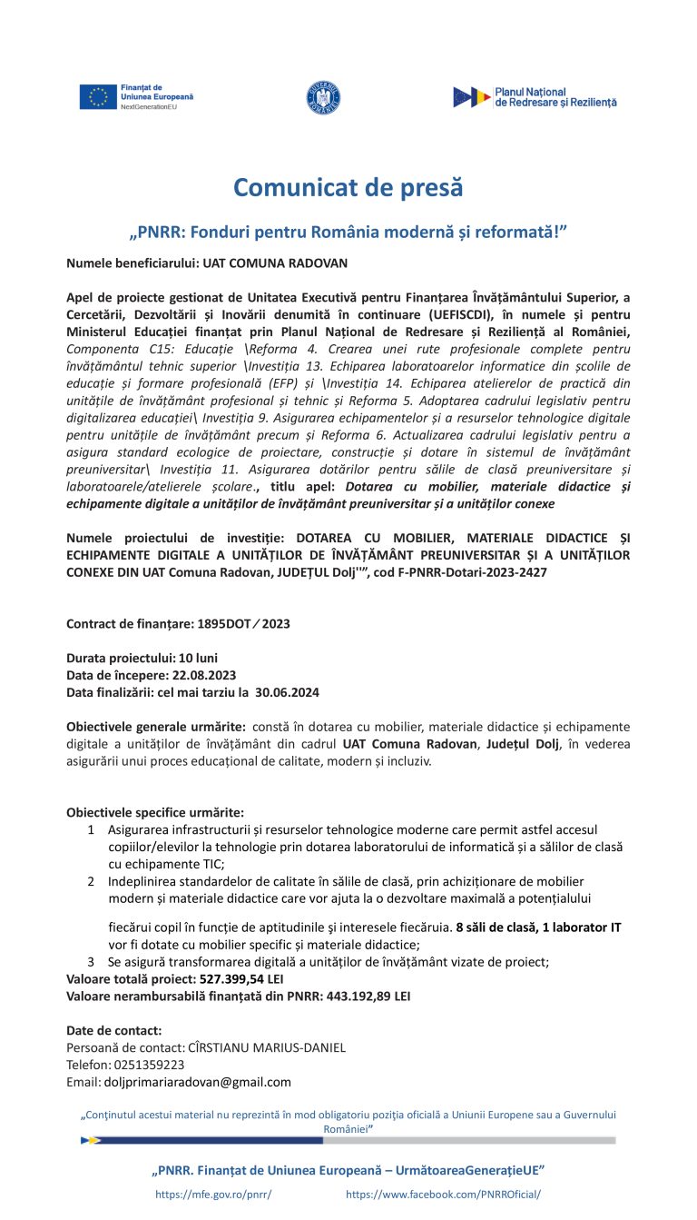 Comunicat de presă Comuna RADOVAN
