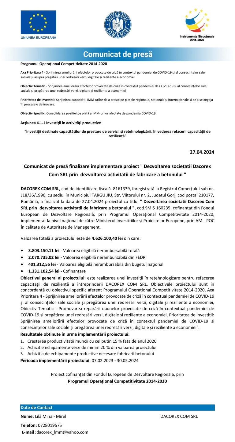 Comunicat de presă DACOREX COM SRL