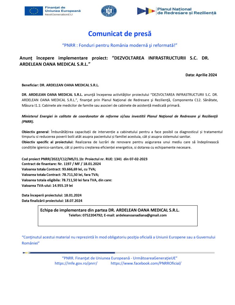 Comunicat de presă DR. ARDELEAN OANA MEDICAL S.R.L