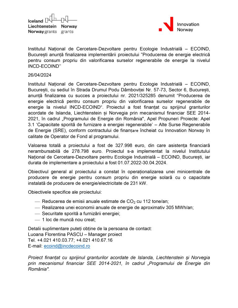 Comunicat de presă ECOIND