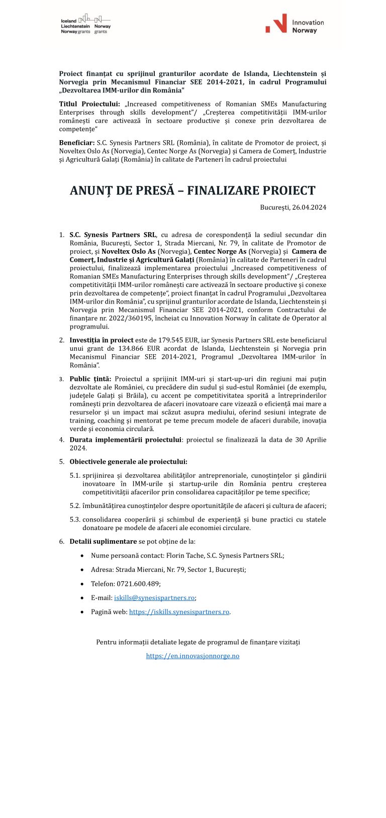 Comunicat de presă finalizare S.C. Synesis Partners SRL