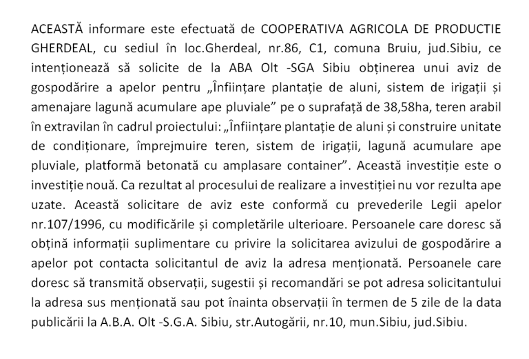 Anunț COOPERATIVA AGRICOLA DE PRODUCTIE GHERDEAL