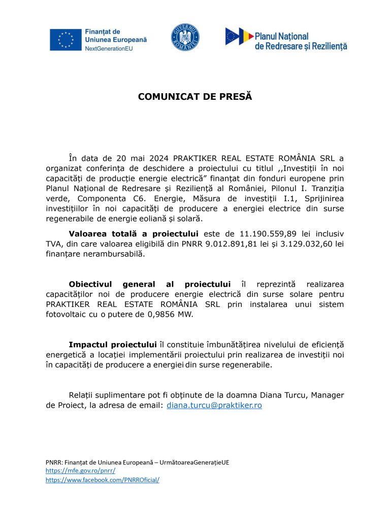 Comunicat de presă PRAKTIKER REAL ESTATE ROMÂNIA SRL