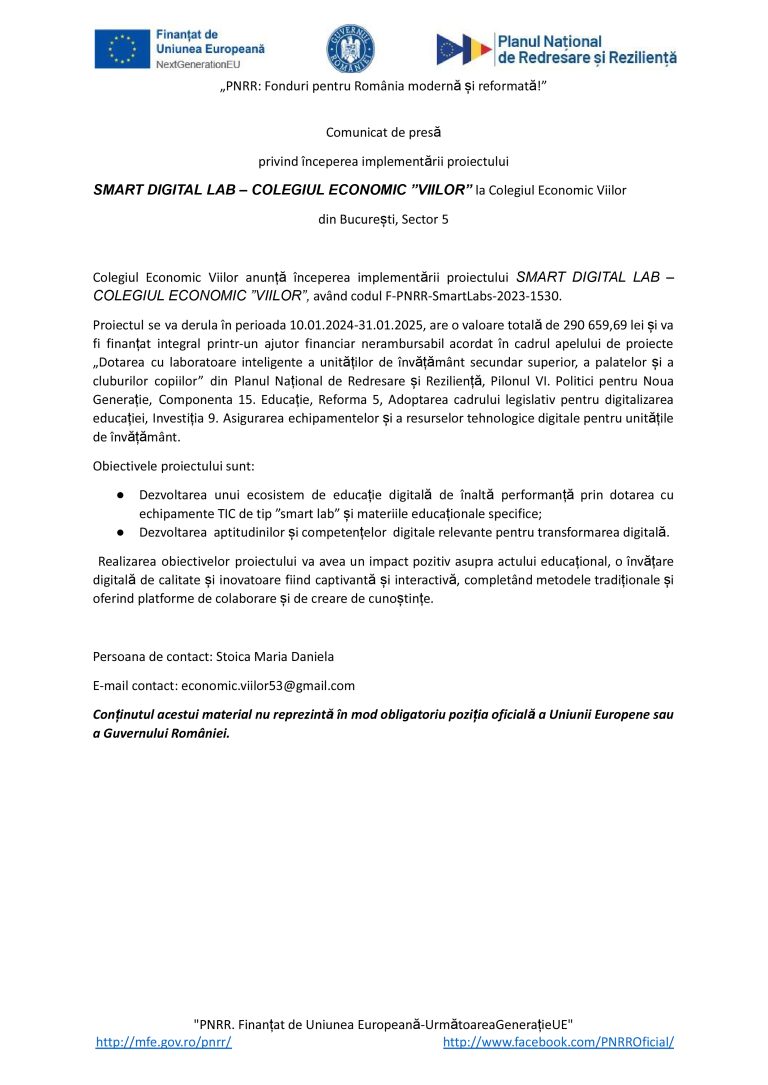 Comunicat de presă COLEGIUL ECONOMIC ”VIILOR”