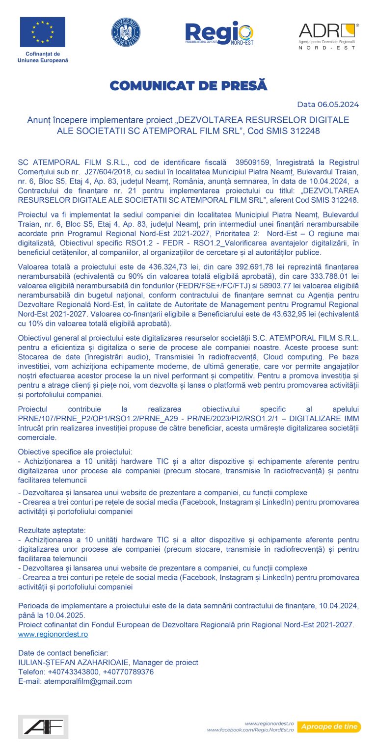Comunicat de presă SC ATEMPORAL FILM SRL