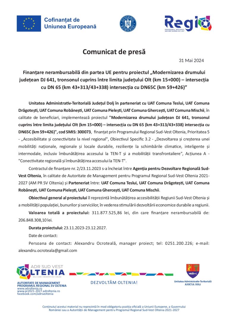 Comunicat de presă Unitatea Administrativ Teritorială Județul Dolj