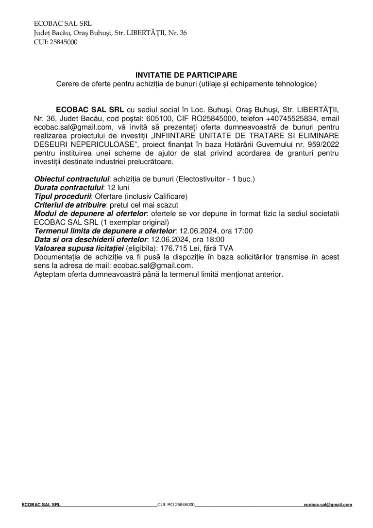 Anunț de presă ECOBAC SRL