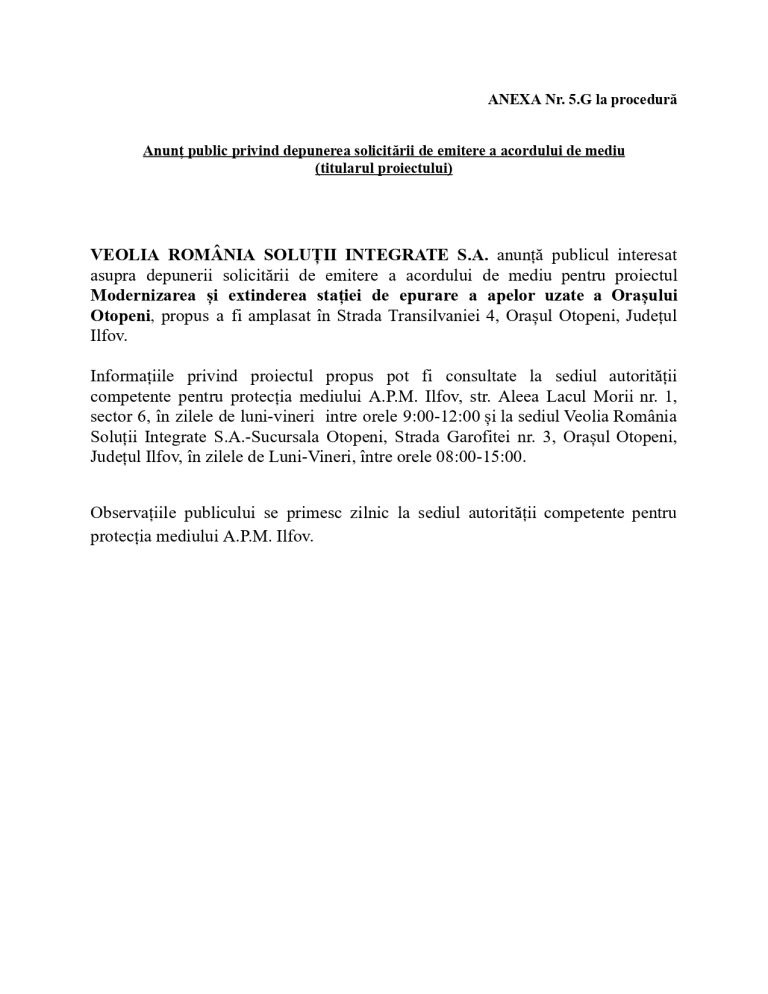 Anunț de presă VEOLIA SA