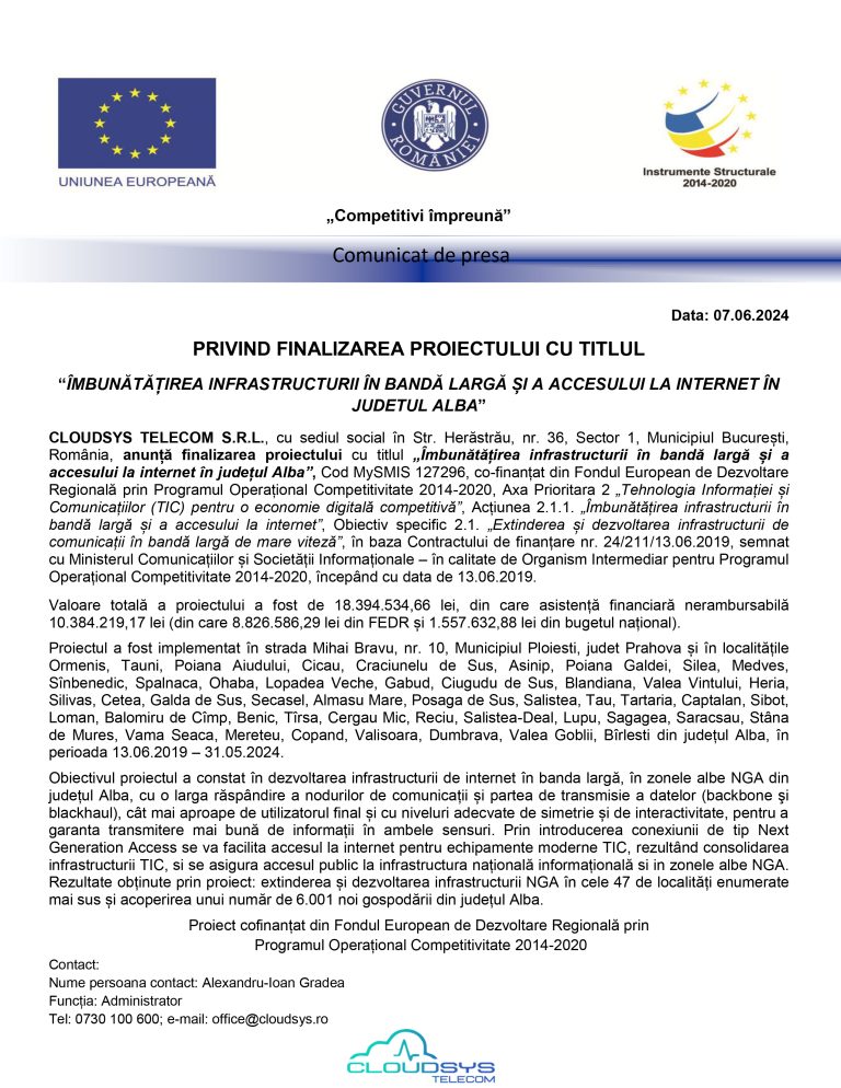 Comunicat de presă CLOUDSYS TELECOM S.R.L.