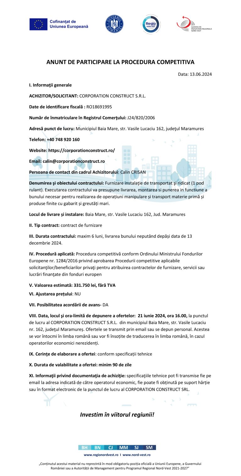 Comunicat de presă CORPORATION CONSTRUCT SRL