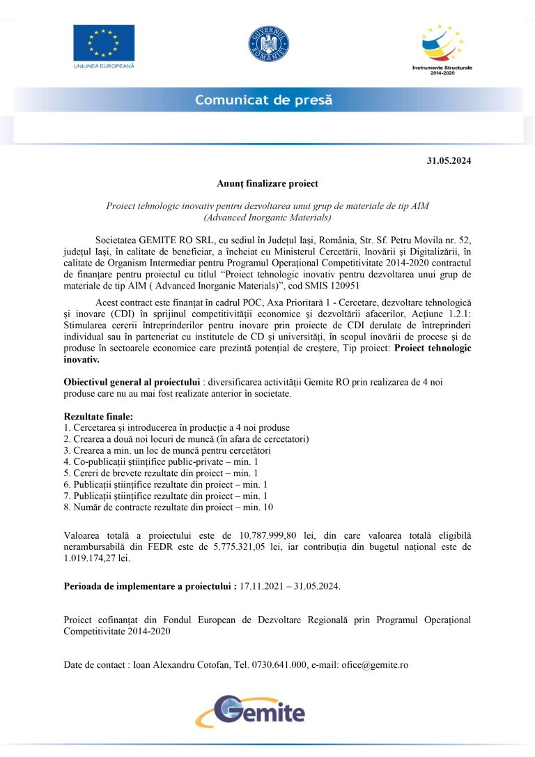 Comunicat de presă GEMITE RO SRL