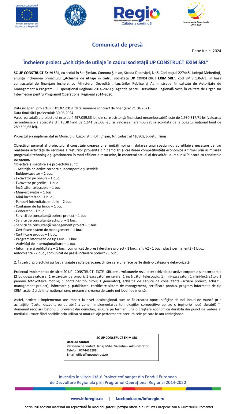 Comunicat de presă SC UP CONSTRUCT EXIM SRL