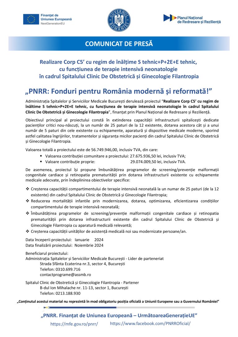 Comunicat de presă Spitalul Clinic De Obstetrică și Ginecologie Filantropia