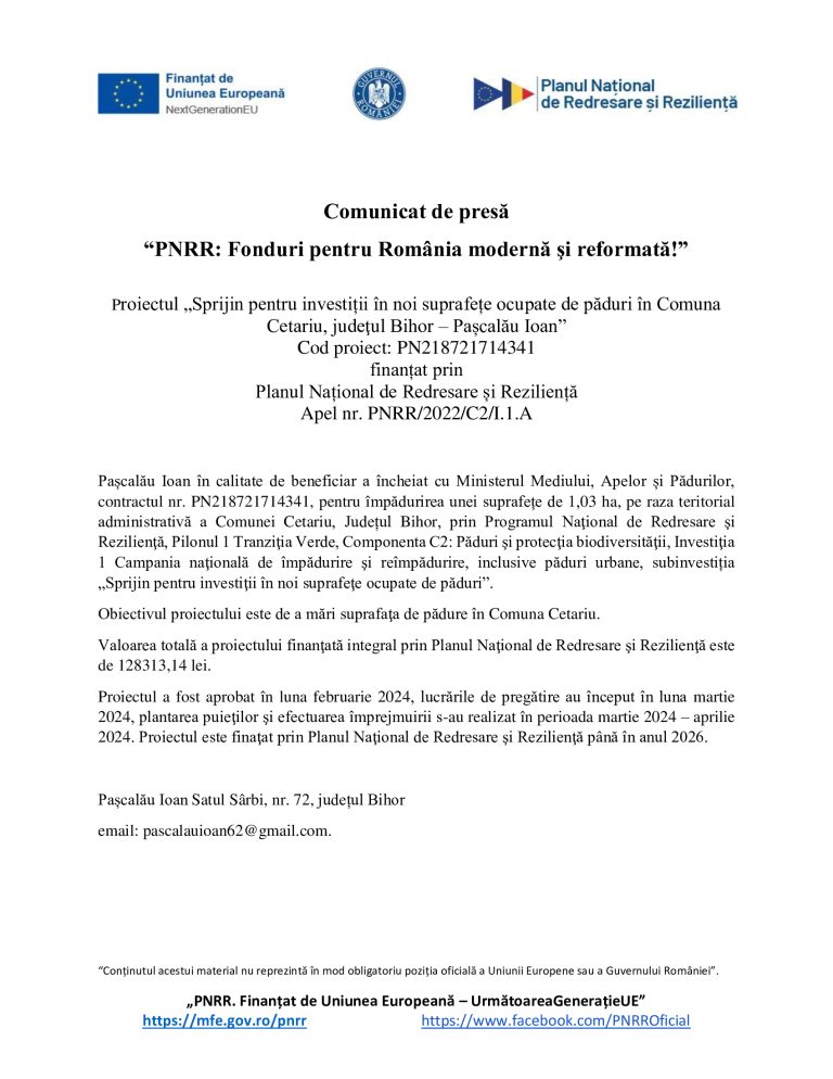 Comunicat de presă Pașcălău Ioan