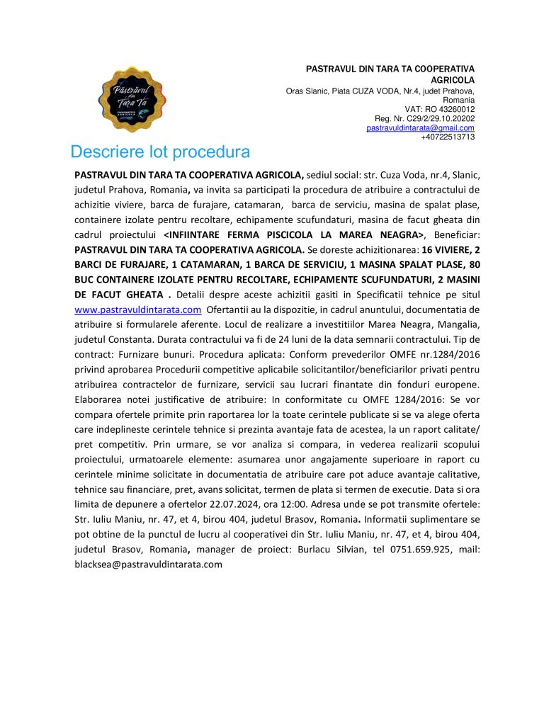 Anunț de presă PĂSTRĂVUL DIN ȚARA TA COOPERATIVĂ AGRICOLĂ