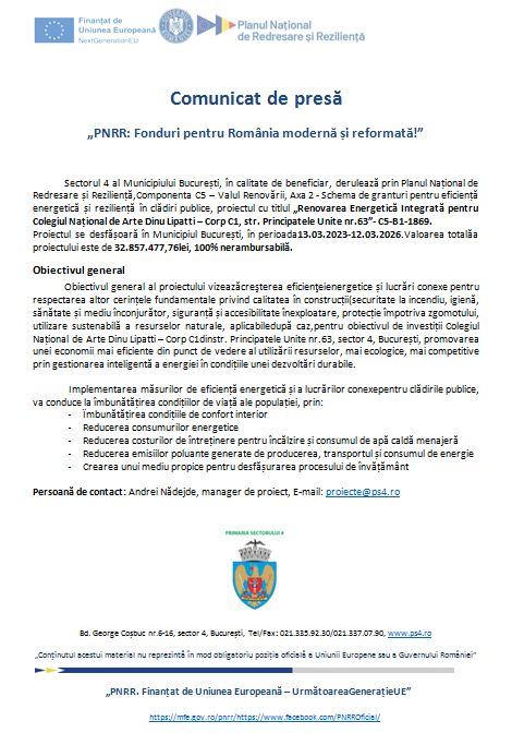 Comunicat de presă „PNRR: Fonduri pentru România modernă și reformată!”