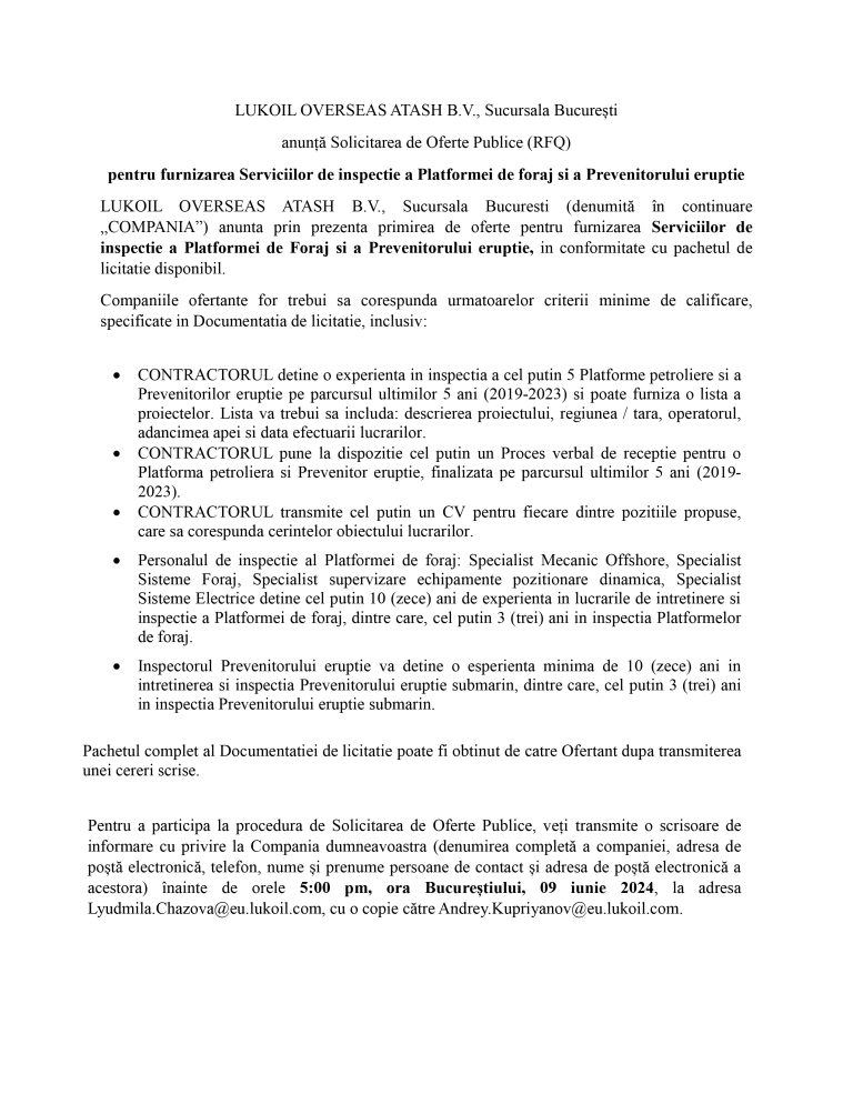 Anunt de presă LUKOIL OVERSEAS ATASH B.V., Sucursala București