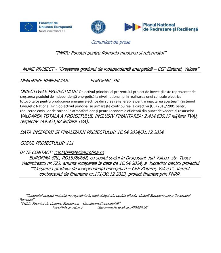 Comunicat de presă EUROFINA SRL