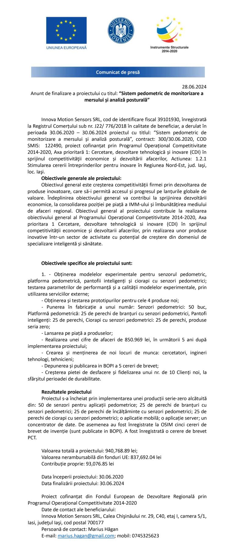 Comunicat de presă Innova Motion Sensors SRL