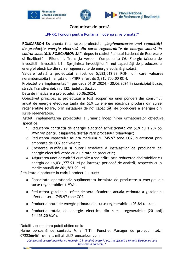 Comunicat de presă ROMCARBON SA