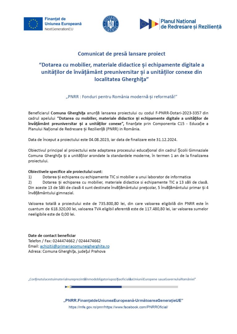 Comunicat de presă Comuna Gherghița