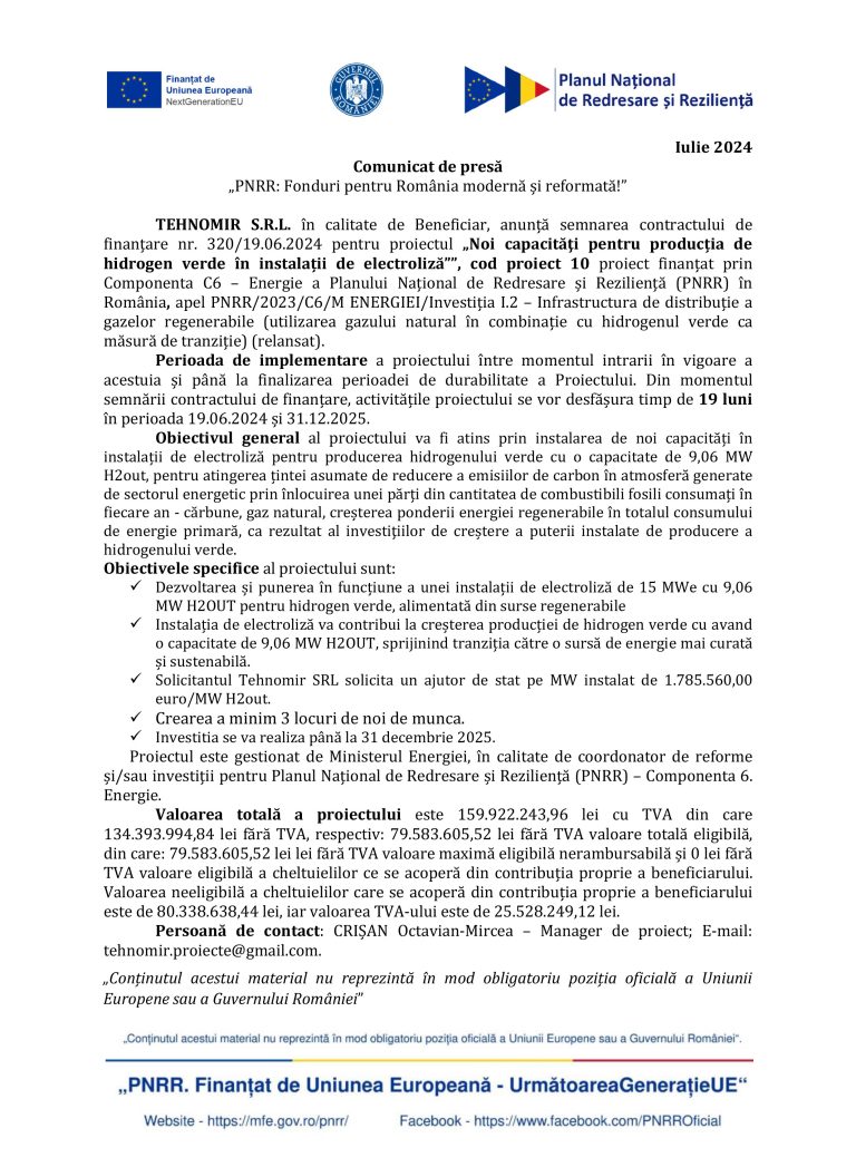 Comunicat de presă TEHNOMIR S.R.L.