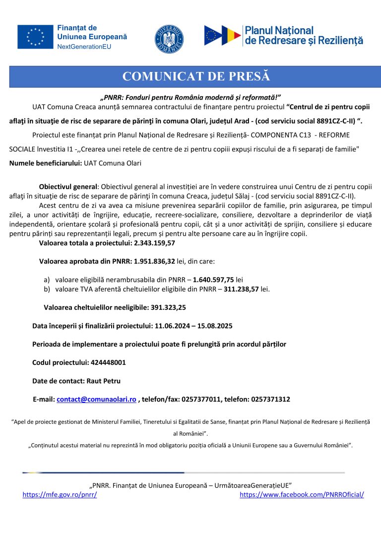 Comunicat de presă UAT Comuna Creaca