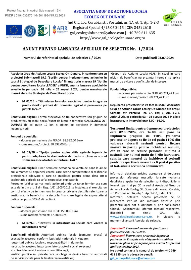 ANUNT PRIVIND LANSAREA APELULUI DE SELECTIE Nr.  1/2024 – Asociatia Grup de Actiune Locala Ecoleg Olt Dunare