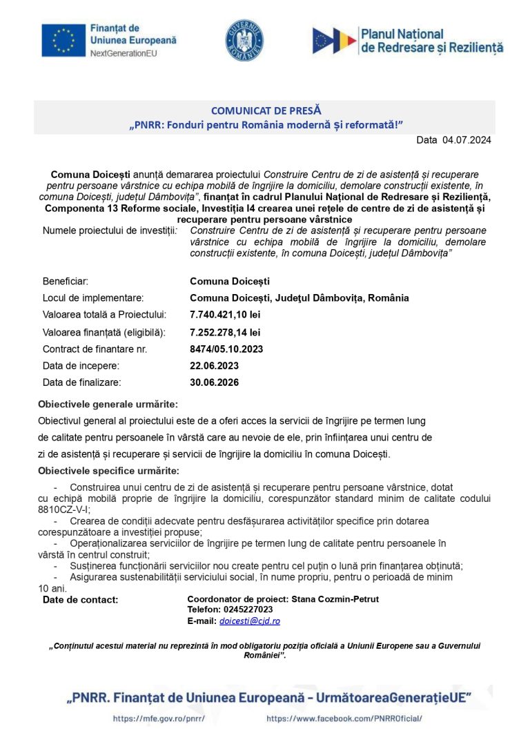 Comunicat de presă Comuna Doicești