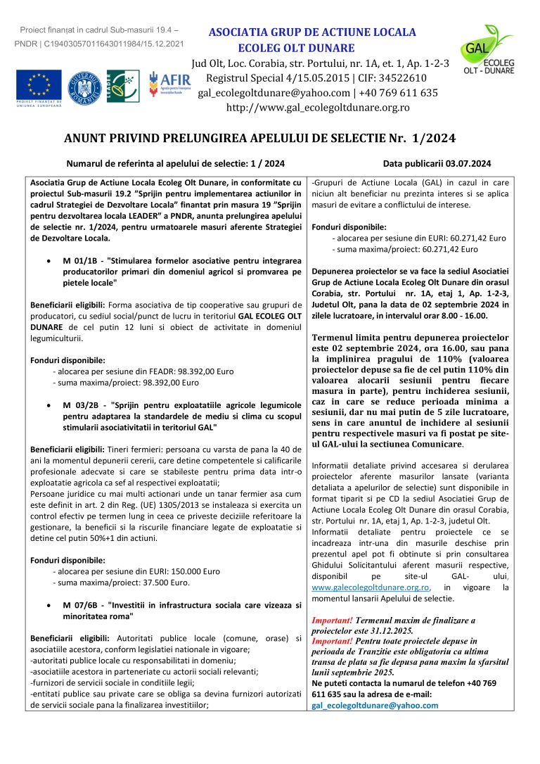 Anunt de presă Asociatia Grup de Actiune Locala Ecoleg Olt Dunare