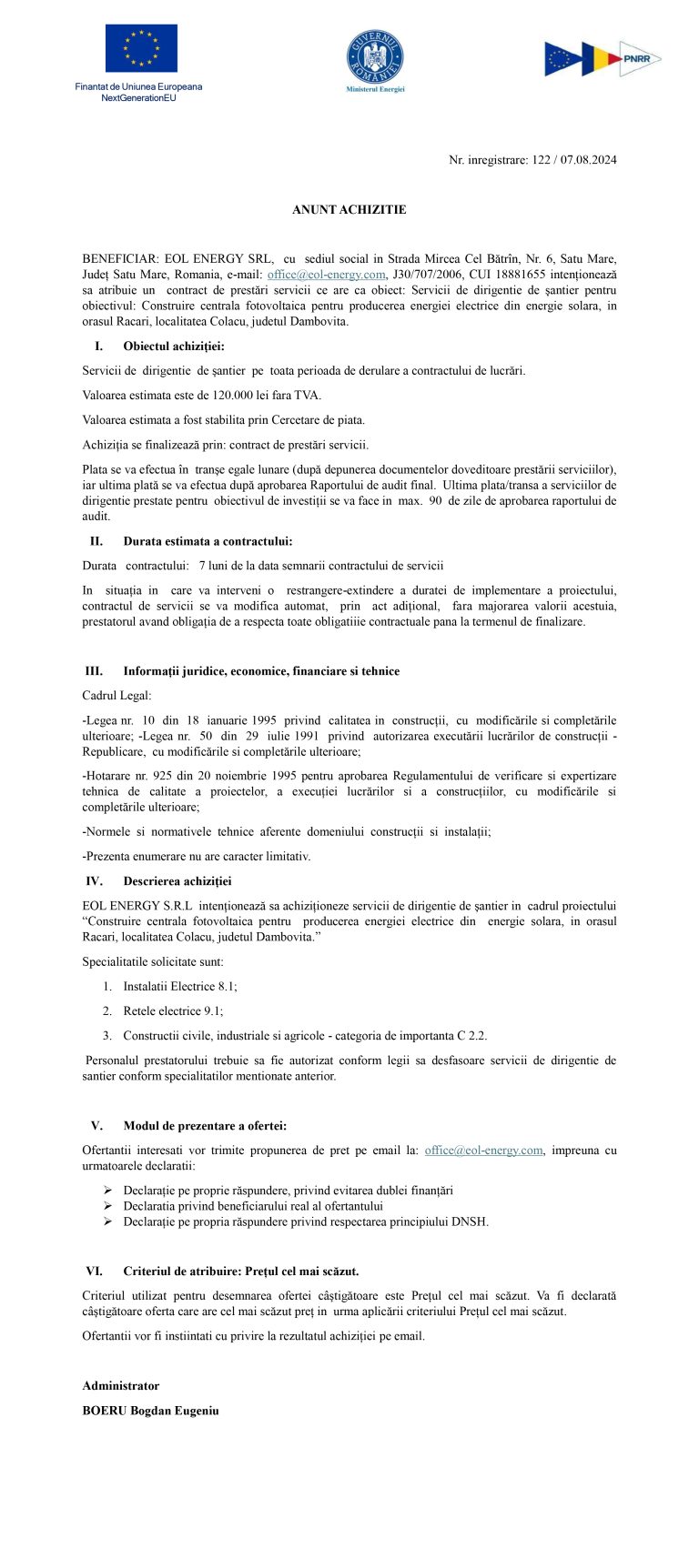 Anunț de presă EOL ENERGY SRL