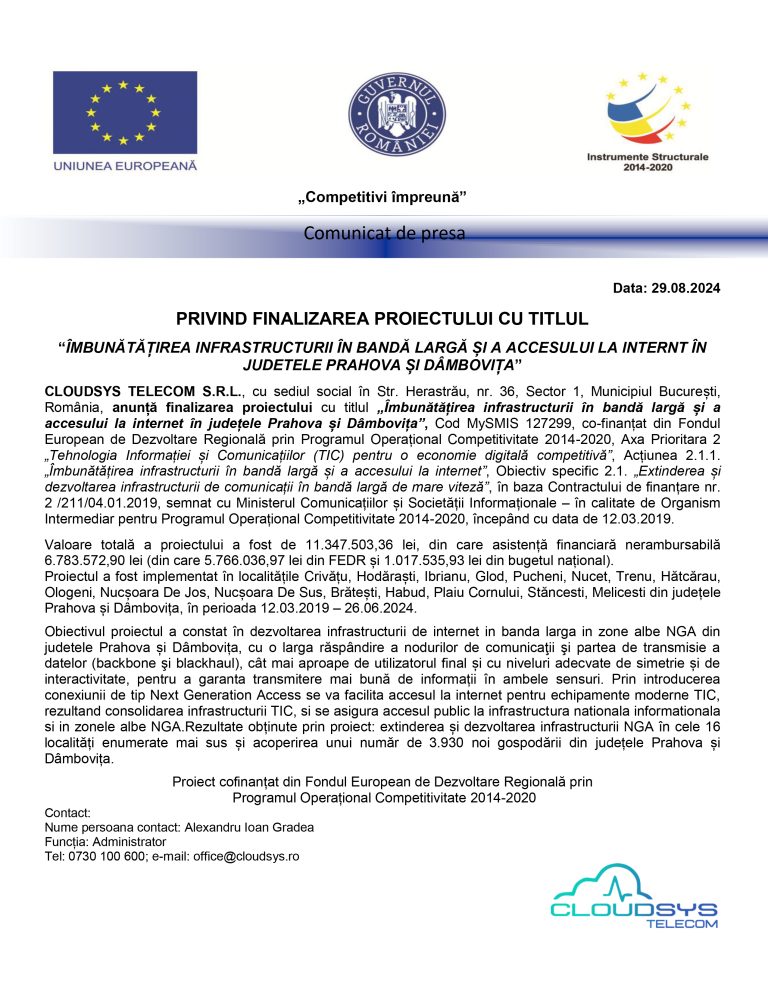 Comunicat de presă CLOUDSYS TELECOM S.R.L.