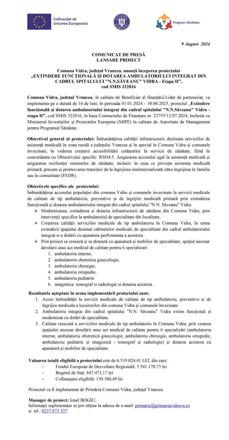 Comunicat de presă Comuna Vidra