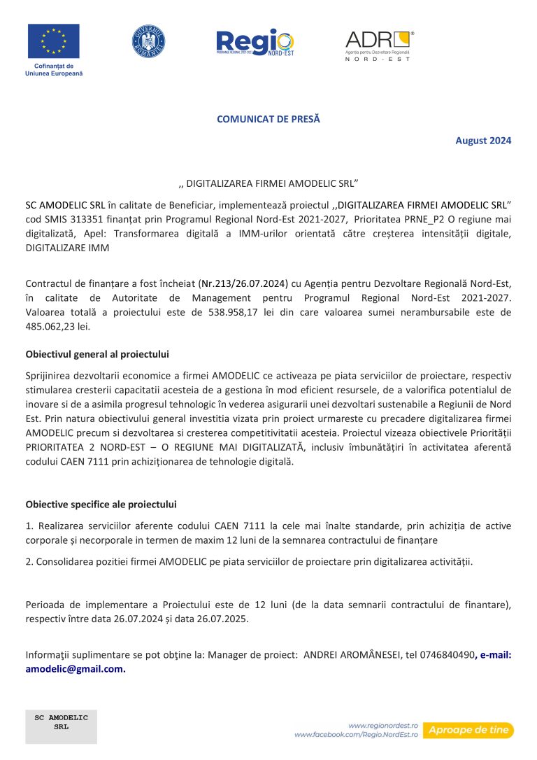 Comunicat de presă SC AMODELIC SRL