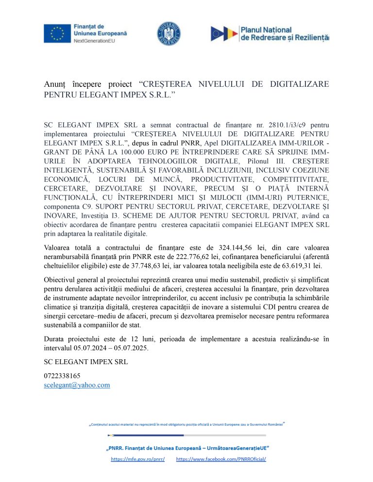 Comunicat de presă SC ELEGANT IMPEX SRL