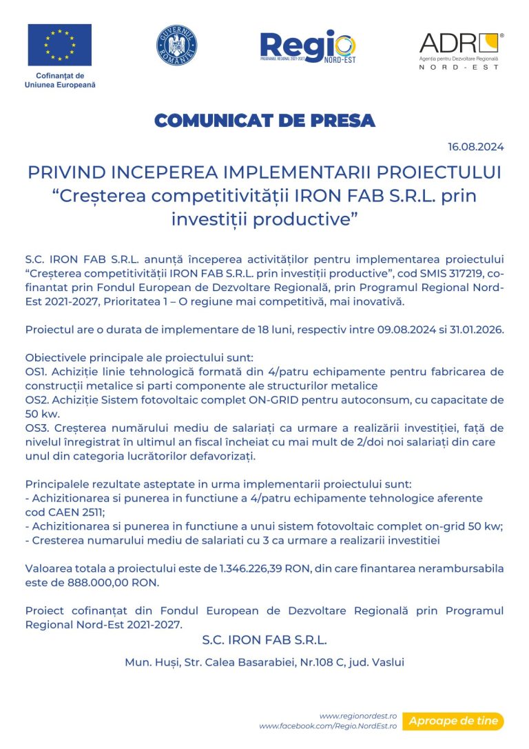 Comunicat de presă SC IRON FAB SRL
