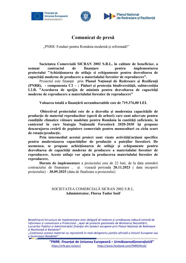 Comunicat de presă SICRAN 2002 S.R.L