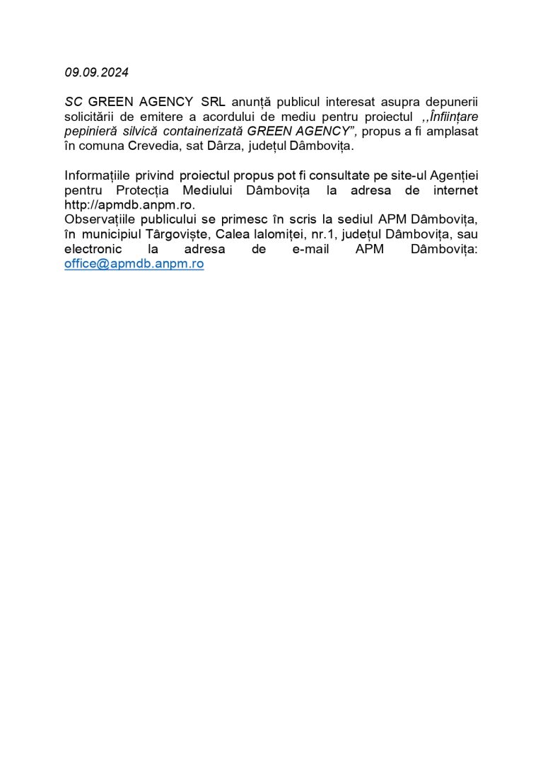 Anunț de mediu GREEN AGENCY SRL