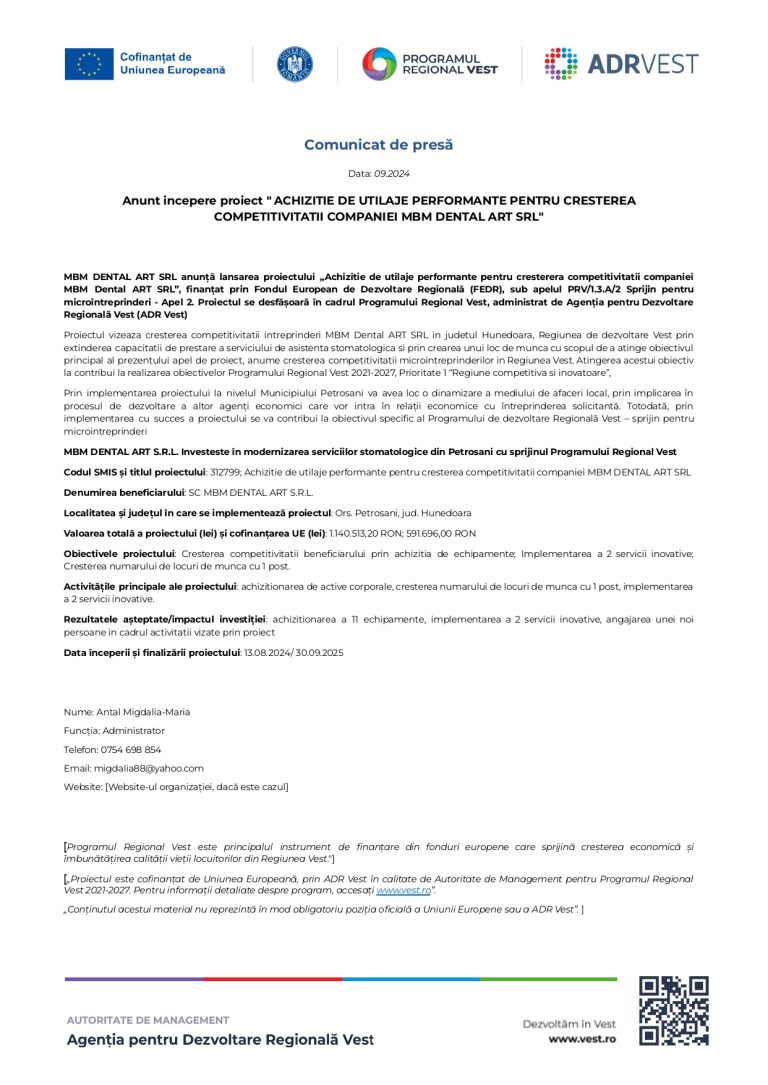 Comunicat de presă MBM DENTAL ART SRL