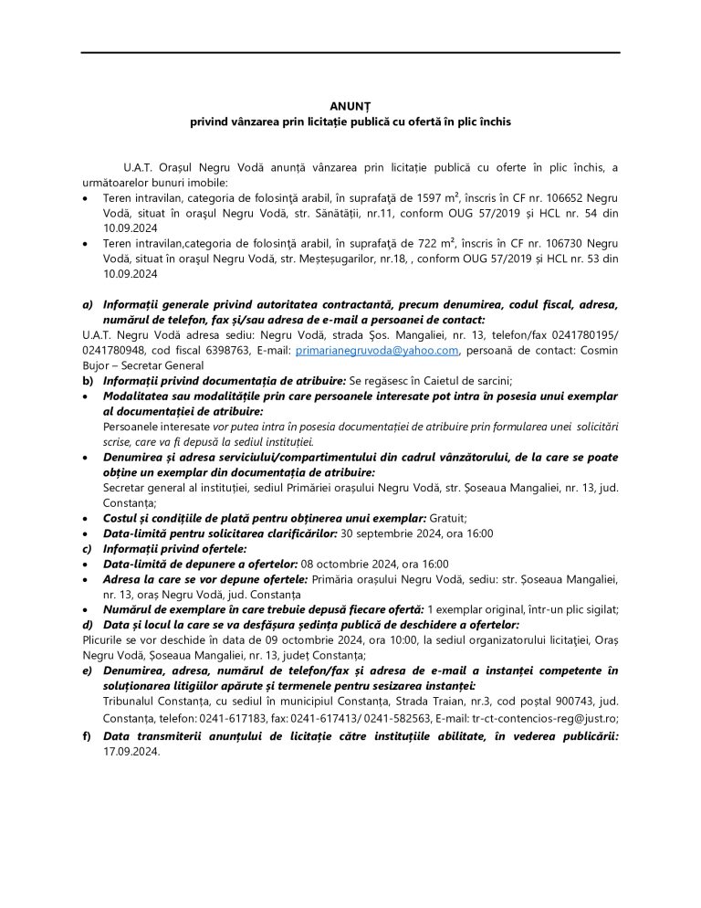 Anunț de presă U.A.T. Oraș Negru Vodă